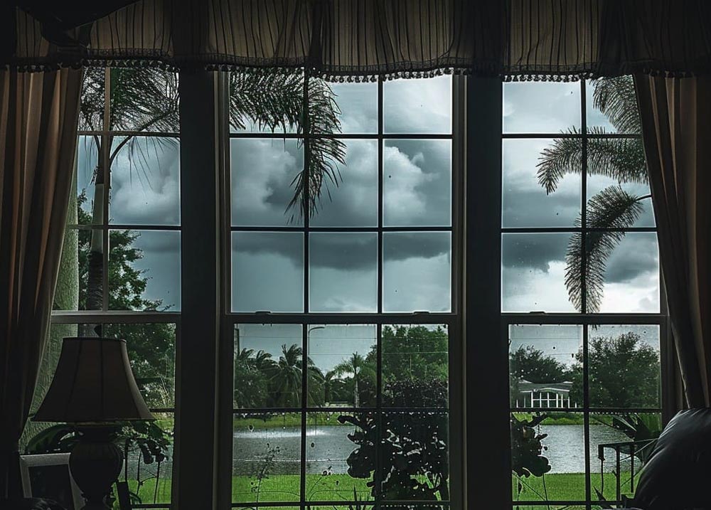 Storm clouds gathering outside large living room windows overlooking a lake.