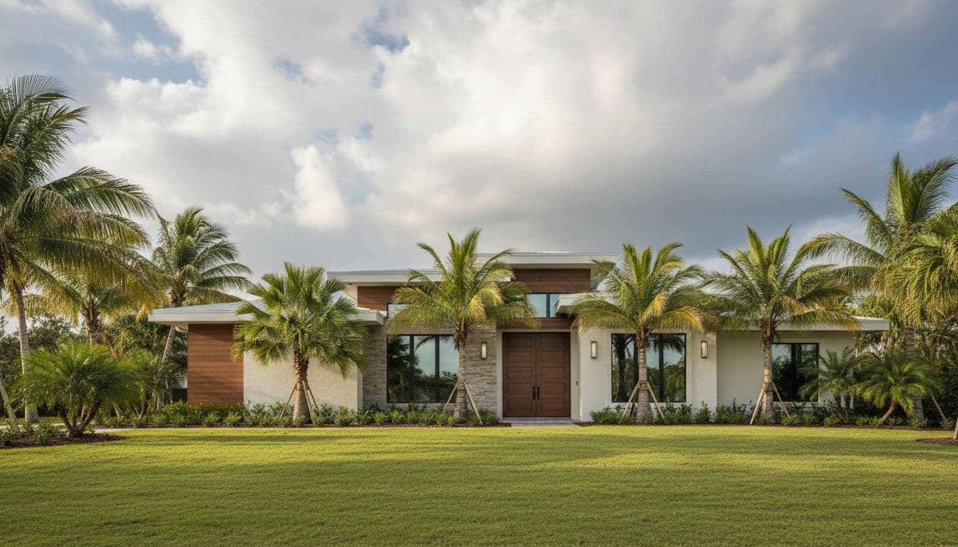 Realistic architectural photo of a modern Fort Myers, Florida home exterior with large impact-resistant windows, sturdy doors, tropical palm trees, manicured lawn, and partly cloudy sky hinting at a storm.