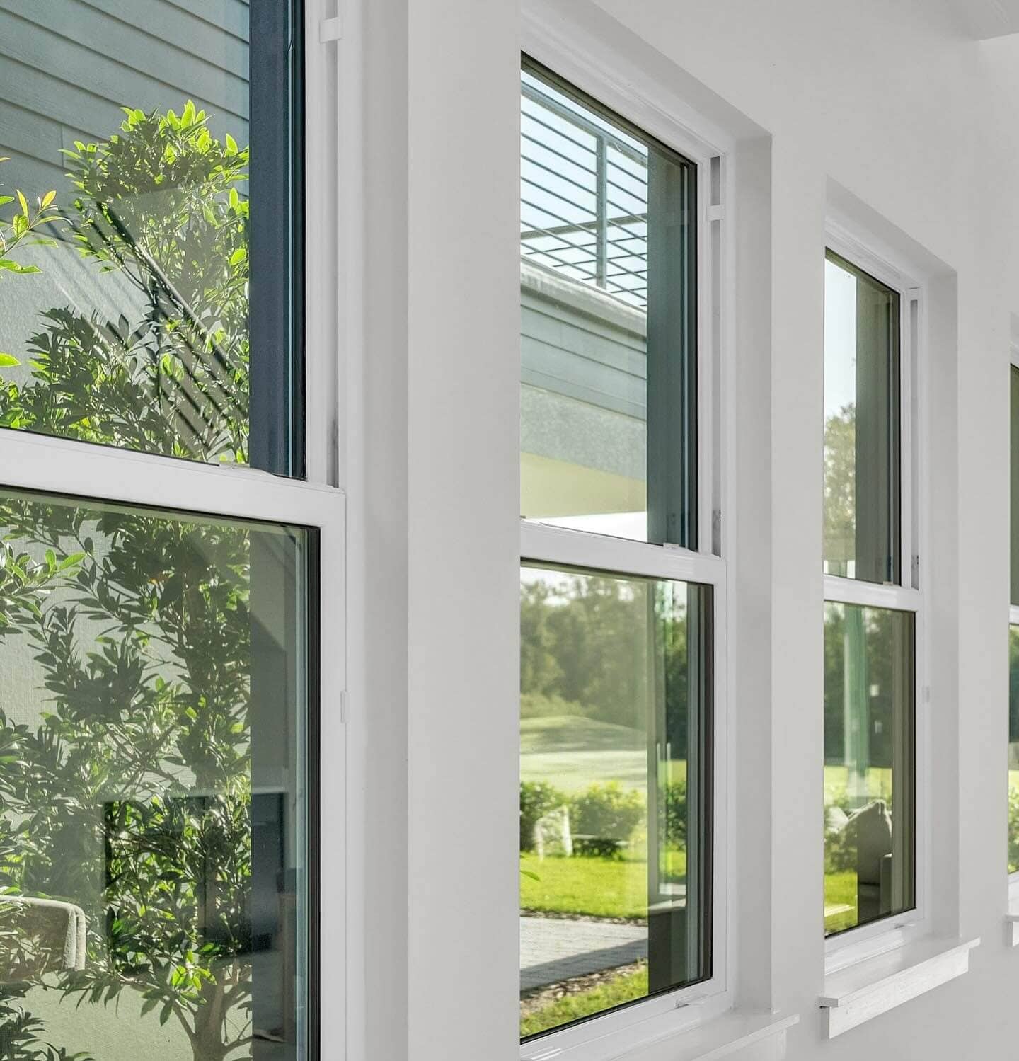 Modern white double-hung windows letting in natural light with greenery visible outside.