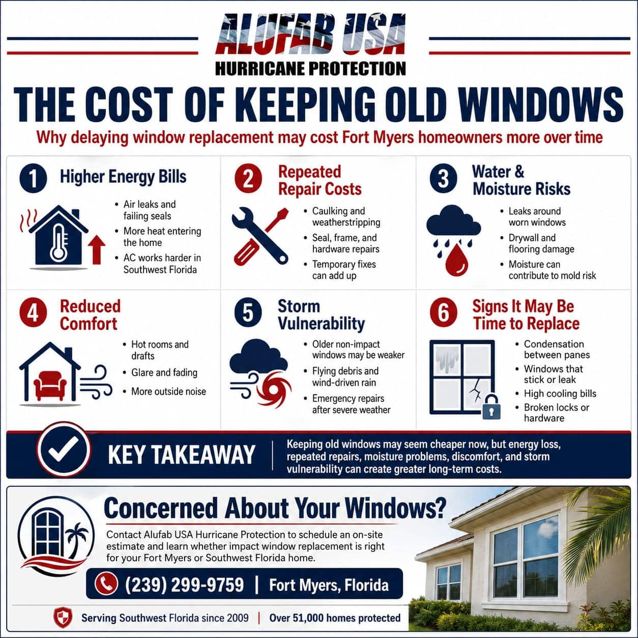 Infographic showing the hidden costs of old windows for Fort Myers homeowners, including energy loss, repairs, moisture issues, discomfort, and storm risk.