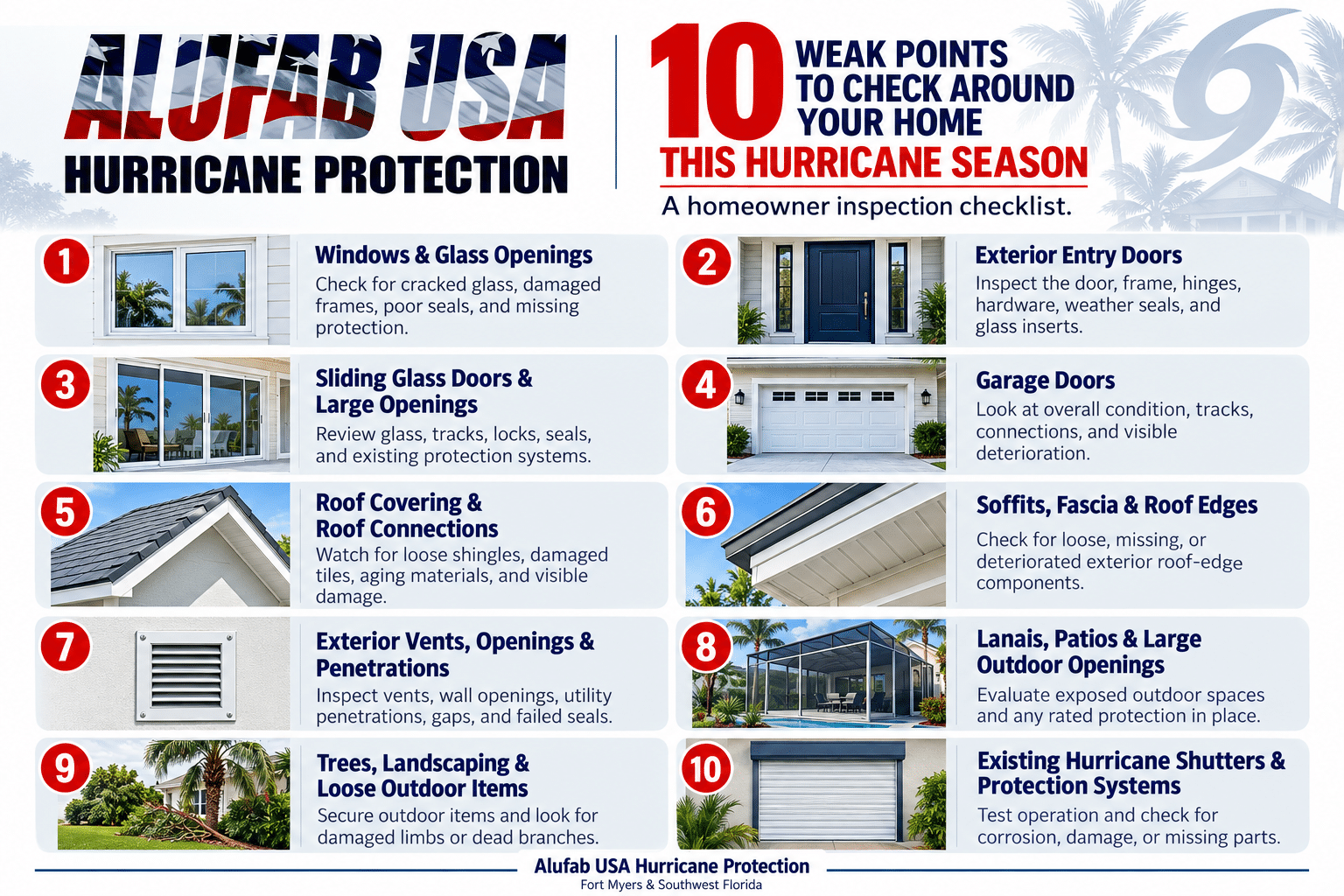 10 weak points to check around your home before hurricane season, including windows, doors, garage doors, roofs, vents, lanais, outdoor items, and hurricane protection systems infographic